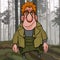 Cartoon red haired male scout in hiking clothes stands in a deep forest