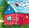 Cartoon red house with windows and a door. Around the house are shrubs and flowers. Hand drawn by markers. It can be used for