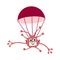 Cartoon red monster is flying on a parachute. Germ virus with funny cartoon s in flat design isolated object on a white background