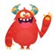 Cartoon red monster waving. Monster troll illustration with surprised expression.