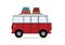 Cartoon red retro bus loaded with suitcases.