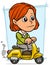 Cartoon redhead girl character riding on scooter