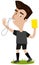 Cartoon referee blowing whistle and holding yellow card