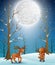 Cartoon reindeer playing on the snowy forest night