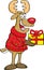 Cartoon reindeer wearing a sweater and holding a gift.