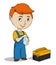 Cartoon repairman with toolbox cleaning hands