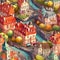 Cartoon repetition background with cityscape. Fairytale seamless pattern for gift rap. Generative AI