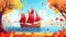 This is a cartoon retro boat with red sails in the sea, viewed from an autumn park with yellow trees displaying