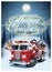 Cartoon retro Christmas poster with firetruck and Santa Claus