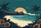 Cartoon retro flat panoramic landscape, sunset with the palms on colorful background.