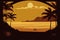 Cartoon retro flat panoramic landscape, sunset with the palms on colorful background.