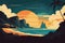 Cartoon retro flat panoramic landscape, sunset with the palms on colorful background.