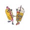 Cartoon retro hot dog and lemonade drink in plastic cup characters. Holding hands vintage mascots. Groovy couple in