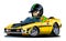 Cartoon retro sport car with driver isolated