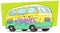 Cartoon retro van bus with text label Travel