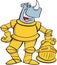 Cartoon rhino wearing a suit of armor.