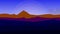Cartoon ride near the mountains. Panning shot of a mountain ridgeline during a colorful sunset. Animated road in the