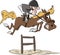 Cartoon rider jumping with his horse in an equestrian show jumping competition vector illustration