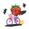 Cartoon ripe strawberry in sunglasses raincoat bat on bike rides Halloween, vector image