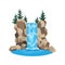 Cartoon river waterfall. Landscape with mountains and trees. Design element for travel brochure or illustration mobile