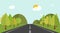 Cartoon road across green forest hills, mountains, nature landscape, highway