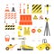 Cartoon Road Construction Color Icons Set. Vector