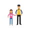 Cartoon road policeman in reflective waistcoat workwear and school girl holding hands