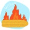 Cartoon the roasted corn. Vector illustration of barbecue corn on a background of fire.