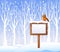 Cartoon robin bird on the blank sign with winter background