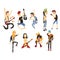 Cartoon rock artists characters singing and playing on musical instruments. Guys with colorful haircuts. Guitarists and