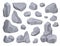 Cartoon rock stones, gray mountain cliffs and boulders. Various sizes rocks formation, mineral debris, broken concrete