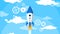 Cartoon Rocket Fly Blue Sky White Clouds Flat