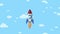 Cartoon rocket ship flying up through cloudy sky. Flat animation