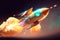 cartoon rocket soaring amid flame and jet smoke. Away from others