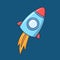 Cartoon rocket, starship. Flat vector illustration on blue background.