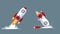 Cartoon rocket taking off and crash vector graphic illustration. Startup launch and failure