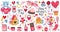Cartoon romantic love valentines day elements and stickers. Heart shape, sweets, cake and flowers vector symbols set