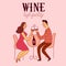 Cartoon romantic pair drinking wine