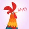 Cartoon rooster with bright feathers on the tail and a red crest. Vector illustration