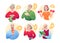 Cartoon round avatars of active old character doing sport exercise, knitting, networking, eating ice cream, drinking tea
