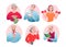 Cartoon round avatars of active old character doing sport exercise, knitting, networking, eating ice cream, drinking tea