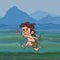 Cartoon running ancient neanderthal boy with a stone knife in his hand