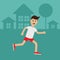 Cartoon running guy. Night summer time. House, tree silhouette. Cute run boy Jogging man Runner outside Fitness cardio workout Run