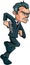 Cartoon running spy in a suit with a gun