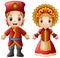 Cartoon russian couple wearing traditional costumes