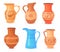 Cartoon rustic pottery. Clay jars bowl dish pot old art jug, isolated ceramic ewer earthen ceramics pots, craft pitcher