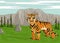 Cartoon saber-toothed tiger on the background of a prehistoric n