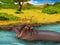 Cartoon safari scene with hippo hippopotamus on the meadow beautiful illustration for children