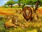 Cartoon safari scene with lions resting and elephant on the meadow illustration for children