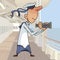 Cartoon sailor looking through spyglass on deck of ship